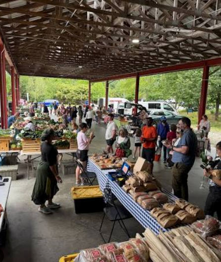Open air market stalls with fresh local produce at Durham Central Park